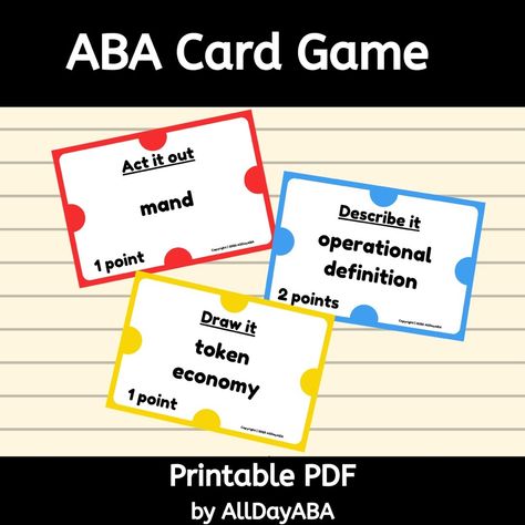 So excited to share this fun new ABA terminology resource! Play with coworkers, supervisees, and more! A full preview is available to download before you buy so you can see exactly what you’ll get. Check it out here: https://www.teacherspayteachers.com/Product/ABA-Card-Game-Applied-Behavior-Analysis-Terminology-Therapists-Supervisees-5239010 #ABA #BCBA #BCaBA #RBT #appliedbehavioranalysis #allthewaystoaba Bcba Exam Prep, Bcba Exam, Blank Playing Cards, Verbal Behavior, Token Economy, Work Parties, Applied Behavior Analysis, Building Activities, Behavior Analysis