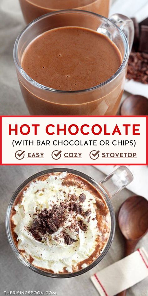 Learn how to make a rich & satisfying homemade hot chocolate on the stove top with simple ingredients like a chocolate bar or chips, your favorite sweetener, milk (dairy or dairy free), vanilla extract, and whipped cream. This recipe is so easy you'll want to make it on repeat all fall & winter long (for one or a crowd) - especially for Thanksgiving and Christmas! Hot Chocolate Recipes With Chocolate Bar, Hot Chocolate With Half And Half, Easy Homemade Hot Chocolate Recipe, Easy Homemade Hot Chocolate Simple, Hot Chocolate On The Stove, Stove Top Hot Cocoa, Stove Top Hot Chocolate Recipes, Home Made Hot Cocoa Recipes Easy, Stove Hot Chocolate