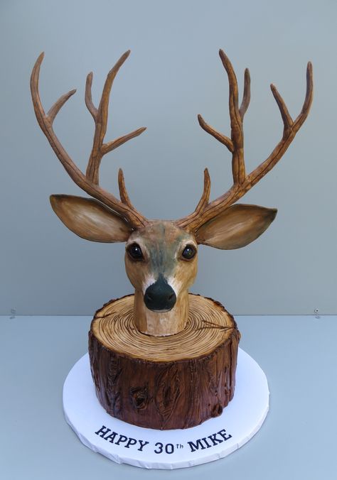 Deer head on a log cake Pheasant Cake, River Cake, Wildlife Cake, Deer Cake, Hunting Cake, Deer Cakes, Chandelier Cake, Log Cake, Small Cakes