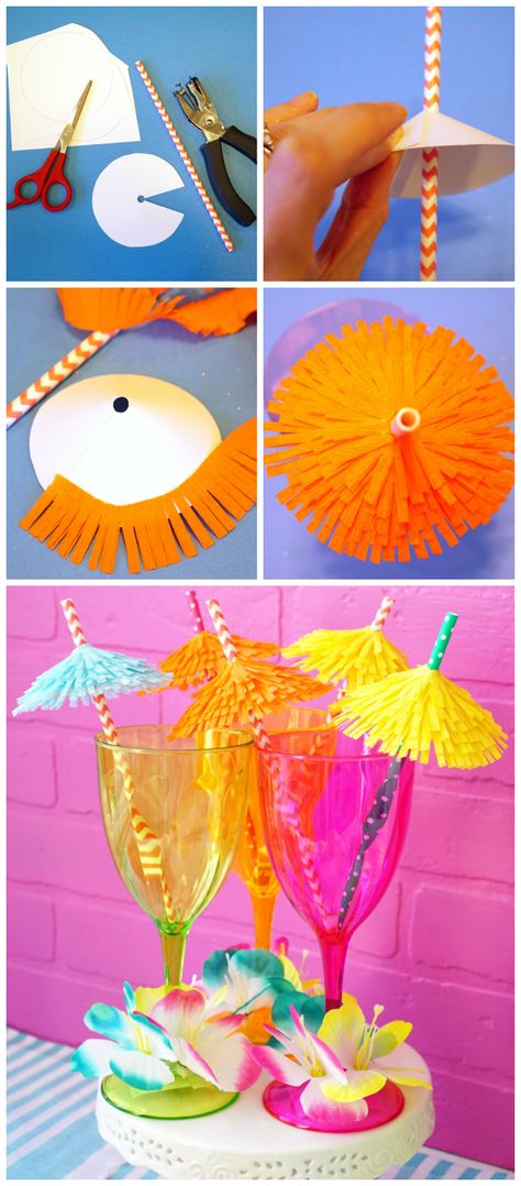 Super cute DIY Tiki Drink Umbrella Straws! Perfect for summer cocktail parties! Quick and easy party craft idea! Hawai Party, Summer Party Diy, Tropisk Fest, Diy Cocktail Bar, Tiki Drink, Tropical Birthday Party, Aloha Party, Diy Cocktails, Hawaiian Party Decorations