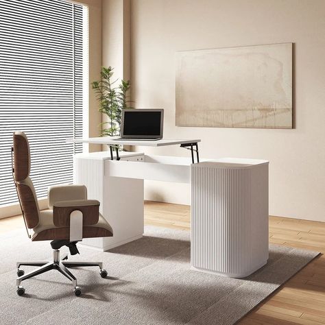 Modern White Standing Computer Desk with 2 Doors and Storage Office Desk Shared Home Office Standing Desk, Womens Office Inspiration, Standing Desk Cover, Standing Desk Leg Cover, Hidden Standing Desk, Small Office Ideas Business Decor Work Spaces Interior Design, Hidden Desk In Living Room, Warm Office Decor, Home Office Gym Combo Layout