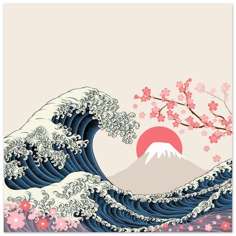 The Great Wave and Sakura Matte Paper Poster Japan Inspired Art, Japanese Sakura Art, Sakura Poster, Asian Wallpaper, Wave Drawing, Stripe Fashion, Japanese Pop Art, Design Japonais, Sakura Art