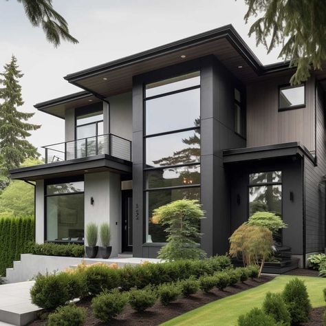 House With Black Trim, Industrial House Exterior, Gray House Exterior, White Exterior Houses, Eksterior Modern, House Outer Design, Grey House, Contemporary House Exterior, Modern Contemporary Homes