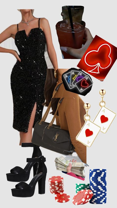 🎰 #casino #casinonight #drinks #lights #neon #blackdress Casino Royale Dress Ideas, Casino Outfit Ideas, Casino Theme Outfit, Casino Theme Dress, Casino Theme Party Outfit Dresses, Casino Aesthetic Outfit, Casino Theme Party, Casino Costumes, Casino Outfit