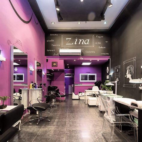 Beauty salon Black & Purple Salon Designs, Purple Living Room, Kpop Ideas, Decoration Bar, Decor Salon, Hair Salon Interior, Hair Salon Decor, Chic Hair, Salon Suites