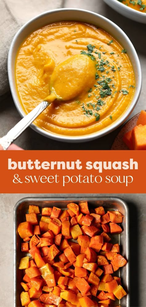 Butternut Squash and Sweet Potato Soup Butternut Squash Sweet Potato Carrot Soup, Vegetarian Recipes Butternut Squash, Fall Seasonal Vegetables, Butternut Squash Soup With Sweet Potato, Easy Heart Healthy Soup Recipes, Butternut Sweet Potato Soup, Sweet Potato Squash Soup, Vegetable Soup With Sweet Potatoes, Soup For Thanksgiving Dinner