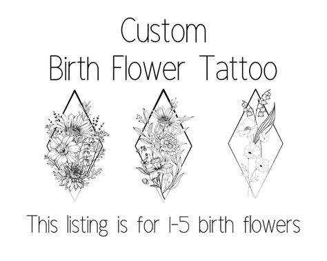 Custom Birth Flower Tattoo Design Birth Flower Bouquet - Etsy Canada Ramo Tattoo, Flower Bouquet Tattoo, September Birth Flower, July Birth Flower, November Birth Flower, Bouquet Tattoo, Birth Flower Tattoos, Flowers Tattoo, Line Art Tattoos