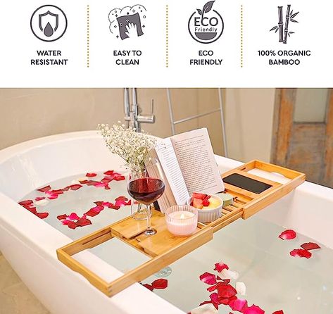 Bamboo Bathtub Tray Caddy - Adjustable Bath Tray - Unique House Warming Gifts, New Home, Anniversary & Wedding Gifts for Couple, Bridal Shower Gift for Women Tub Tray, Bathtub Caddy, Wine Glass Candle, Bath Table, Bathtub Tray, Wine Candles, Natural Luxury, Wood Bath, Wooden Bath