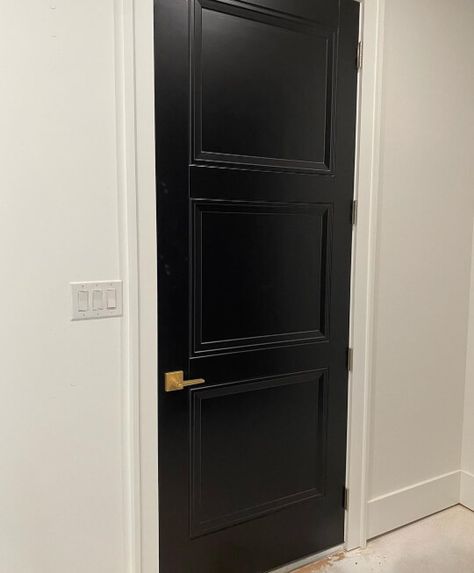 Black Interior Doors With White Trim Gold Hardware, Black Door With Gold Handle, Black Doors With Gold Hardware, Black Bedroom Doors, Paint Colors For Interior Doors, Colors For Interior Doors, 3 Panel Interior Doors, Black Doors Interior, Black Baseboards