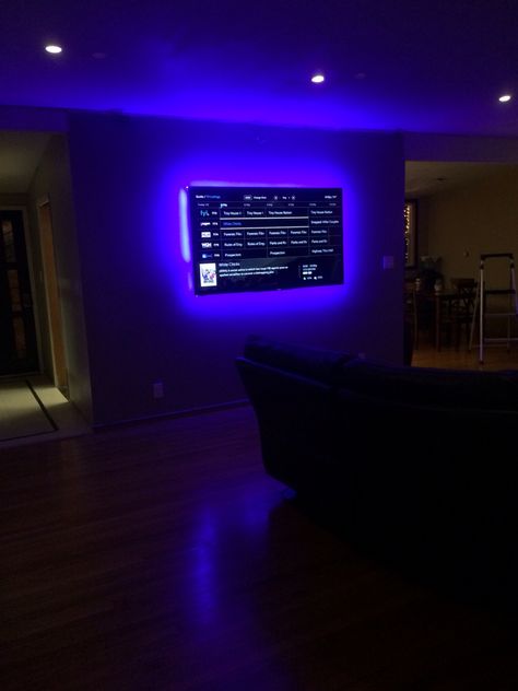 Led Tv Aesthetic, Led Lights Behind Tv Mounted Tv, Lights Behind Tv Living Room, Tv Wall Decor Led Lights, Led Light Around Tv, Led Light Tv Wall, Mounted Tv With Led Lights, Blue Led Lights Behind Tv, Tv Wall Led Lighting