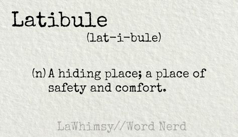 Latibule, oh how I have become enamored of the word! It means a cozy, safe, hidden away place. One where a soul can cocoon themselves and find comfort and solace. A latibule is a necessity if one i… V Words, Unique Words Definitions, Blanket Fort, Uncommon Words, Word Nerd, Unusual Words, Rare Words, Word Definitions, Never Stop Learning