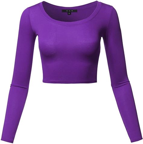 Women's Basic Solid Stretchable Scoop Neck Long Sleeve Crop Top at Amazon Women’s Clothing store Crop Top Purple, Alt Clothes, Purple Crop Top, Purple Fits, T Shirt Crop Top, Half Shirts, Long Crop Top, Scoop Neck Long Sleeve, Purple Shirt