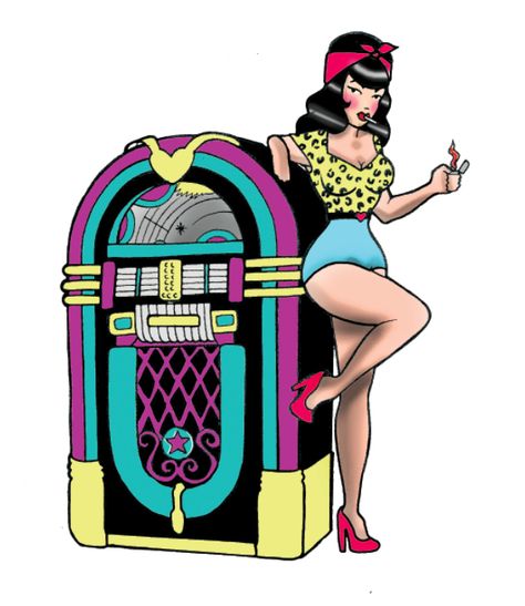 Juke Box Drawing, Juke Box Tattoo, Jukebox Drawing, Jukebox Tattoo, Old Scool, Pin Up Pictures, Pin Up Girl Tattoo, Food Tattoos, Pin Up Illustration