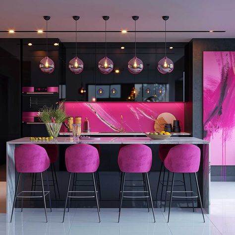 Refreshing Pink Kitchen Furniture Design to Brighten Your Home • 333+ Art Images Kitchen Design Pink, Vibey Decor, Pink Kitchen Furniture, Hot Pink Kitchen, Pink Kitchen Ideas, Acrylic Dining Chairs, Elegant Living Room Decor, Creative Kitchen, Bathroom Tile Designs