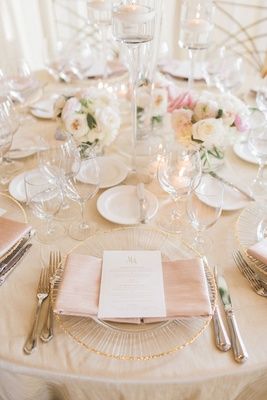 Pink Napkin on Gold-Rimmed Charger Photography: Brandon Kidd Photography Read More: http://www.insideweddings.com/weddings/sophisticated-soiree-with-luxurious-floral-decor-in-california/1224/ Pelican Hill Resort, Gold Table Setting, Hill Resort, Pelican Hill, Pink Napkins, Strictly Weddings, Dream Wedding Venues, Floral Chandelier, Blush Bridal