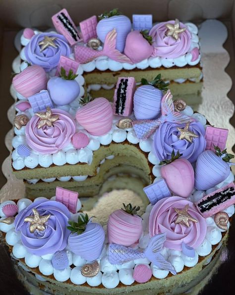 Pink And Purple Number Cake, Purple Number Cake, Mermaid Number Cake, Unicorn Number Cake, Zoe Cake, Mermaid Number, Holiday Cake Decorating, Mickey Birthday Cakes, Letter Cakes