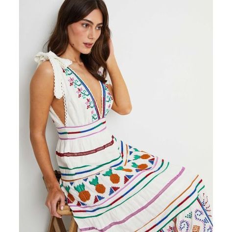 Introducing the Embroidered Maxi Dress from Farm Rio, another style embodying the spirit of Rio de Janeiro. Crafted from an airy linen blend, this maxi dress features a deep V neckline to the front and back, adjustable self-tie straps and a colourful embroidered pattern of flowers and pineapples. Designed to sit closer at the chest and waist before falling loosely at the hip, this dress delivers a flattering silhouette for the new season. Dress Colour, Embroidered Maxi Dress, Farm Rio, New Season, Deep V, Rio De Janeiro, Linen Blend, Colorful Dresses, Maxi Dress