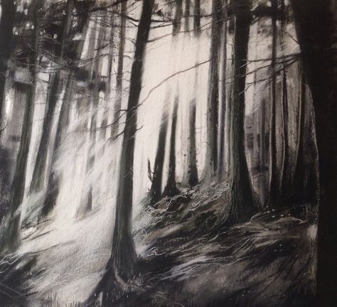 Charcoal of thetford forest Spooky Scenery Drawing, Dark Landscape Drawing, Spooky Woods Painting, Spooky Path Drawing, Spooky Forest Drawing, Scary Forest Drawing, Halloween Pencil Drawings, Nightmare Before Christmas Painting Ideas, Dark Drawing Ideas