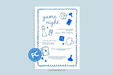 Game Night | Minimalist Fully Customizable Blue Game Board Night Invitation, Girls Night Adults Night, Digital Printable Invite Template Board Night, Happy Birthday Font, Merry Christmas Font, Board Game Night, Blue Game, Fun Invitations, Halloween Fonts, Christmas Fonts, Wedding Banner