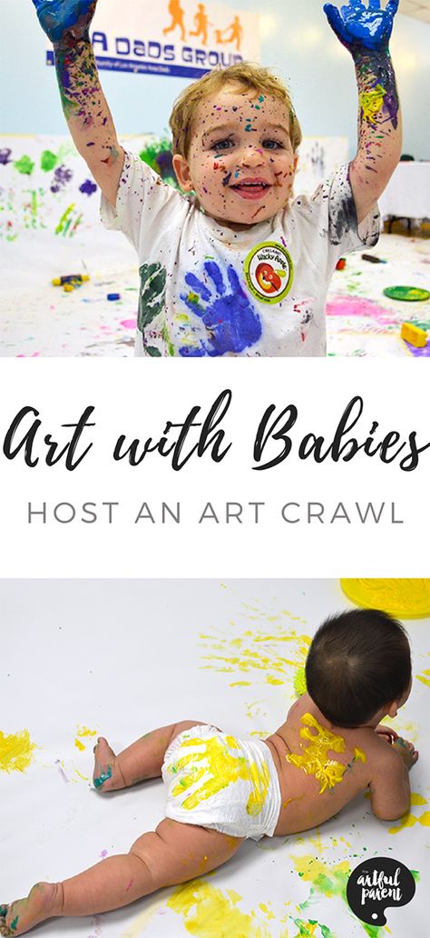 Making art with babies and toddlers can be so much fun with this helpful Art Crawl guide. Learn how the Zimmer Children's Museum creates a sensory-filled art space for their young artists. #babies #kidsart #kidsactivities #sensory #artsandcrafts Baby Painting Ideas, Art Crawl, Artful Parent, Playful Parenting, Messy Baby, Easy Art For Kids, Art Activities For Toddlers, Baby Art Projects, Edible Paint