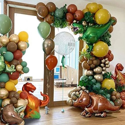 Amazon.com: 140Pcs Dinosaur Balloon Arch Garland Kit Three Rex Dinosaur Birthday Party Decorations Green Orange Brown Black Balloons for Kids Boys Dino Themed Party Backdrop Jungle Safari Birthday Baby Shower : Toys & Games Dinosaur Balloon Garland, 3 Rex Birthday, Jungle Dinosaur, Twins 3rd Birthday, Dinosaur Birthday Party Decorations, Dinosaur Balloons, Park Party, Fest Temaer, Dinosaur Themed Birthday Party