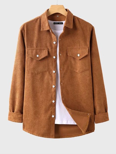 Men Corduroy Flap Pocket Button Front Shirt | SHEIN USA Autumn Tops, Clothes For Spring, Tops For Men, Button Up Long Sleeve, T Shirt And Jeans, Plain Shirts, Men Vintage, Men's Clothes, Tops Fall