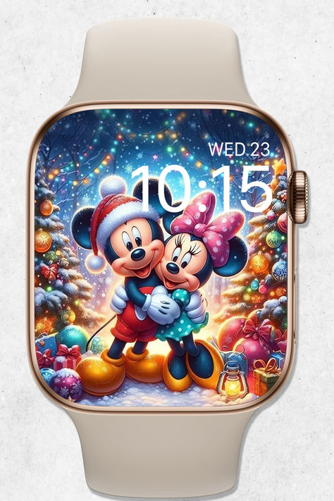 🎄 Get your Apple Watch ready for the holidays with this cute Mickey and Minnie Mouse Christmas Apple Watch Wallpaper. This festive wallpaper showcases the beloved Disney duo hugging each other next to a beautifully decorated Christmas tree, surrounded by sparkling ornaments and holiday decorations. Perfect for Disney lovers and anyone who enjoys the magic of the holiday season! Christmas Watch Faces, Christmas Wallpaper Apple Watch, Christmas Apple Watch Face, Apple Watch Wallpaper Christmas, Festive Wallpaper, Disney Duos, Christmas Watch, Watch Wallpapers, Christmas Watches