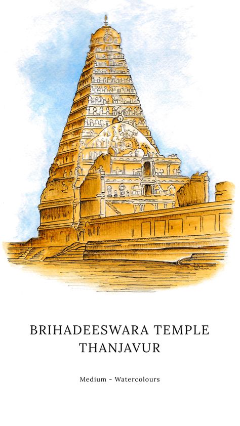 Brihadeshwara Temple Sketch, Tanjore Temple Drawing, Thanjavur Temple Drawing, Thanjavur Temple Painting, Indian Architecture Drawing, Temple Illustration Indian, Indian Temple Illustration, Ponniyin Selvan Paintings, Temple Painting Indian