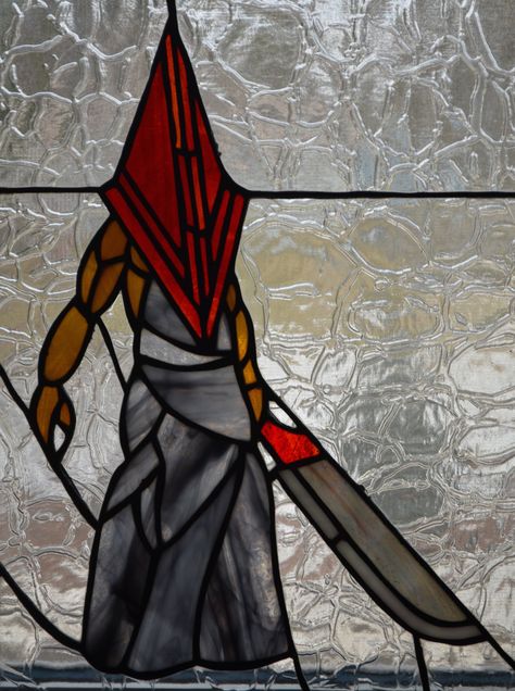 Pyramid Head Silent Hill Stained Glass Panel Movie/Video Game Art, horror art, triangle head, red pyramid thing, red pyramid, bogeyman by TheCraftingColes on Etsy Red Pyramid Thing, Pyramid Head Silent Hill, Catholic Church Stained Glass, Art Triangle, Red Pyramid, Triangle Head, Pyramid Head, Glass Diy, Window Color