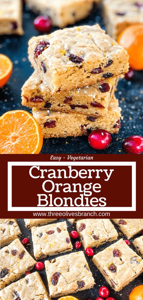 Cranberry Orange Blondies are a cross between soft cookie bar and brownie filled with dried cranberries and orange. A great dessert for the Christmas holiday and cookie exchanges. #blondies #cranberryorange #christmasrecipes Cranberry Blondies Recipe, Cranberry Orange Blondies, Cranberry Orange Bars Recipe, Cranberry Orange Pecan Cookies, Orange Blondies Recipe, Cranberry Orange Bars, Cranberry Orange Recipes, Christmas Dessert Bars, Holiday Bar Cookies