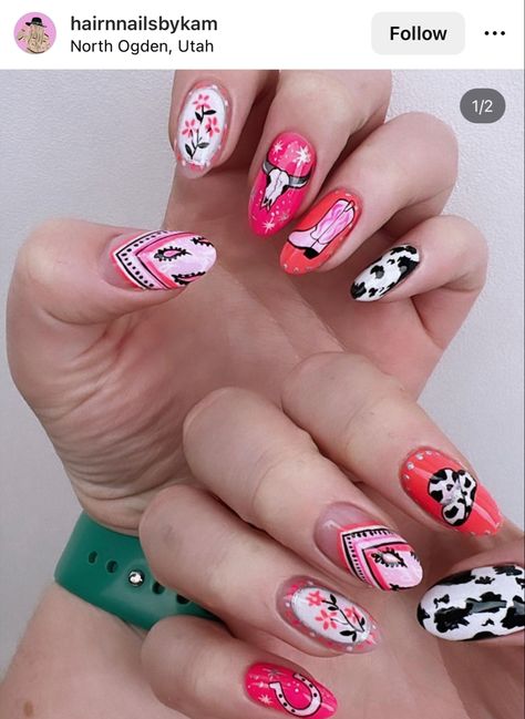 Punchy Cowgirl Nails, Cowboy Boots Nails, Cowboy Nail Designs, Dolly Parton Nails Ideas, Pink Disco Cowgirl Nails, Shania Twain Nails, Cowboy Theme Nails, Cow Skull Nails, Pink Country Nails