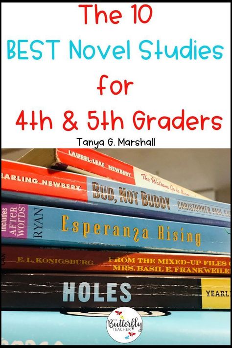 Integrating novel studies in your upper elementary classroom is a wonderful way build community and help students strengthen their reading skills.  This list of chapter books for 4th and 5th grade are highly rated as some of the BEST books for novel studies.  The post also has a FREE Printable list of information for each book including reading and Lexile levels.   #chapterbooks #novelstudies #readinglist #bookchoces Fifth Grade Novel Study, Novel Study For Grade 3, Grade 4 Novel Study, Fourth Grade Novel Studies, 4th Grade Chapter Books, 5th Grade Reading List, Chapter Books For 4th Grade, 5th Grade Reading Classroom, 4th Grade Reading List