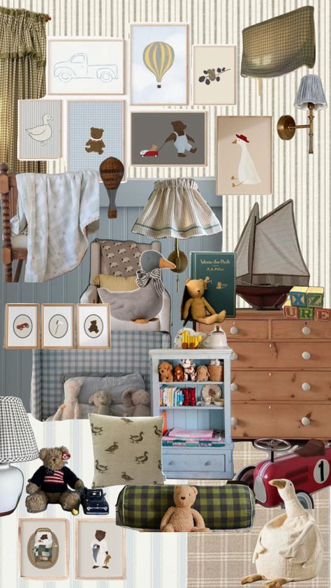 The perfect mix of blues, browns, and greens with vintage aesthetic touches. Lots of bears, teddies, ducks and little boy touches! Green Boy Nursery, Blue And Green Nursery, Green Nursery Boy, Duck Nursery, Cottage Nursery, Vintage Baby Nursery, Blue Nursery Boy, Boy Toddler Bedroom, Kids Rooms Inspo