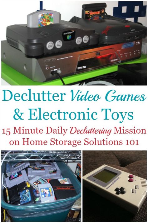 Here is how to declutter video games and electronic toy clutter from your home, so you and the kids can enjoy some of these electronics without being inundated with too much toy clutter {on Home Storage Solutions 101} #DeclutterVideoGames #ToyClutter #DeclutterGames Organizing Video Games, Declutter 365, Video Game Storage, Digital Clutter, Toy Clutter, Decluttering Inspiration, Clutter Control, Toy Storage Solutions, Organizing Challenges