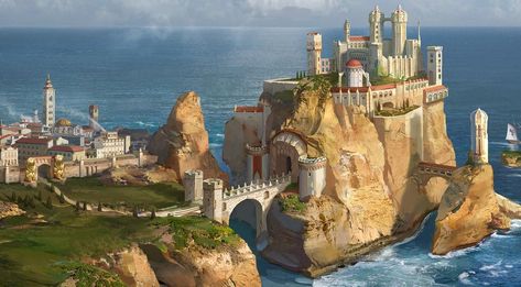 Casterly Rock and Lannisport (House Lannister) by AndrewRyanArt جون سنو, Casterly Rock, Asoiaf Art, Gra O Tron, Game Of Thrones Art, House On The Rock, Fantasy City, Fantasy Castle, Fantasy Setting