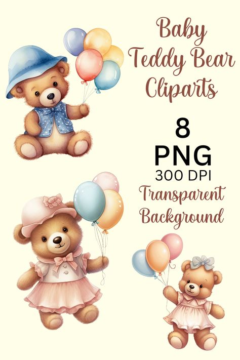 Teddy Bear Bliss! 🐻🎈 Dive into our adorable baby teddy bear clipart collection with charming balloons. These delightful companions will bring a sprinkle of cuteness to your projects. Perfect for invitations, crafts, prints, and more! Embrace the cuddly joy of these teddy bear cliparts today! 🌟🎀 #TeddyBearBliss #CuteBalloons #AdorableCreativity Baby Bear Nursery, Bear Nursery Art, Teddy Bear Clipart, Pastel Birthday, Baby Teddy Bear, Baby Teddy, Bear Clipart, Bear Nursery, Clipart Free