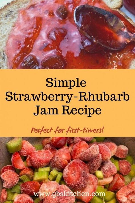 Strawberry Rhubarb Jam Without Pectin, Strawberry Rhubarb Jam With Pectin, Rhubarb Jam Recipes Easy, Rhubarb Strawberry Jam, Rhubarb Freezer Jam, Jalapeno Jelly Recipes, Strawberry Rhubarb Recipes, Rhubarb Jelly, Freeze Rhubarb