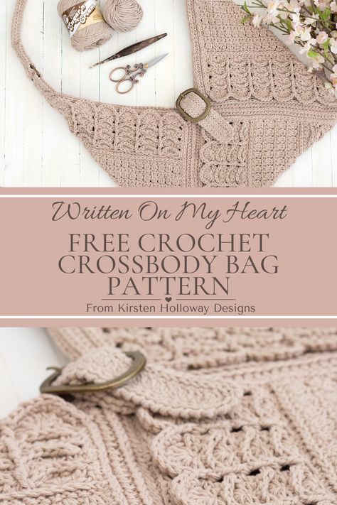 Crochet a beautiful and functional crossbody bag with my free crossbody satchel pattern! This new crochet design combines pretty scallops and easy  stitches for an elegant tote perfect for any season. Made with sturdy cotton yarn, this bag is built to last and made with cotton yarn, can even handle a splash.   Start crocheting your stylish new bag accessory today! Find this free crochet pattern idea for your next project on Kirsten Holloway Designs. Crochet Cotton Bag Free Pattern, Crochet Handbags Patterns Free Projects, Crocheted Purses Free Pattern, Crochet Cross Body Bag Pattern Free, Cotton Crochet Patterns Free, Crochet Handles For Bags, Cotton Yarn Crochet Patterns Free, Cross Body Bag Pattern Free, Satchel Pattern