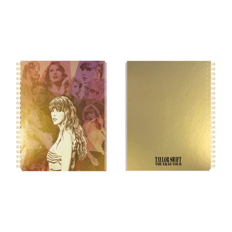 Taylor Swift The Eras Tour gold foil notebook ($25). Gold spiral-bound notebook with photos of Taylor Swift on front and "Taylor Swift The Eras Tour" printed on the back. 6.5" x8". Notebook is 100 lined pages. Chipboard + Paper Taylor Swift Notebook Cover, Taylor Swift Notebook, Eras Tour Merch, Tour Aesthetic, Photos Of Taylor Swift, Taylor Swift The Eras Tour, Tour Merch, Eras Tour, Gold Foil