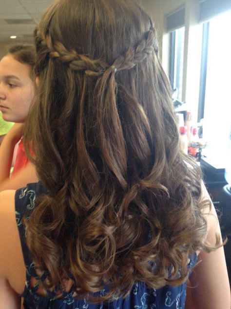 Tight waterfall braid with curled hair Curled Hair Braid, Hoco Hair Curled With Braid, Curled Waterfall Braid, Waterfall Braid With Curls Wedding, Curls With Waterfall Braid, Curled Hair With Waterfall Braid, Long Hair Braided Hairstyles, Head Braid, Waterfall Braid Hairstyle