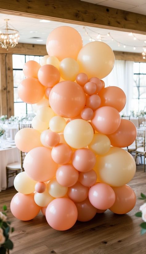 I’d suggest using balloons in various shades of peach and cream to create depth and visual interest. The installation can be designed as an arch, a wall backdrop, or even floating clusters. Colorful Tablescapes, Chandelier Centerpiece, Mason Jar String Lights, Floral Archway, Wedding Aesthetics, Peach And Cream, Lavender Scented Candle, Spring Wedding Decorations, Macrame Backdrop