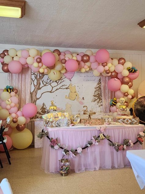 Piglet Party Decorations, Pooh Bear Table Centerpieces, Winnie The Pooh Baby Shower Girl Ideas Decoration, Disney Baby Shower Themes Girl, Piglet Themed Birthday Party, Pink Winnie The Pooh Party, Pink Pooh Baby Shower Ideas, Winnie The Pooh Pink Baby Shower Ideas, Baby Girl Winnie The Pooh Shower Ideas