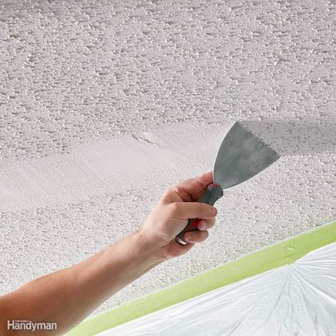 Scrapping Popcorn Ceiling, Scraping Popcorn Ceilings Diy, Remove Popcorn Ceiling, Stairwell Wall, Diy Popcorn, Removing Popcorn Ceiling, Tongue And Groove Ceiling, Canvas Drop Cloths, Ceiling Texture