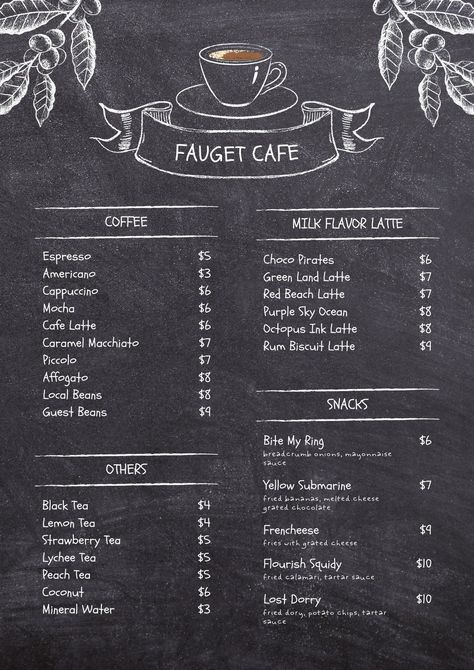 Dark Rustic Chalkboard Texture Cafe Menu - Templates by Canva Menu Design Ideas Templates, Cafe Menu Boards, Cafe Chalkboard, Chalk Menu, Papan Menu, Blackboard Menu, Coffee Menu Design, Drink Menu Design, Chalkboard Texture