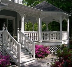 Add this to existing and wrap around side of house Circular Porch, Cozy Porches, Farmhouse Porches, Cozy Porch, Porch Gazebo, Gingerbread Trim, Victorian Porch, Porch Remodel, Porch Addition