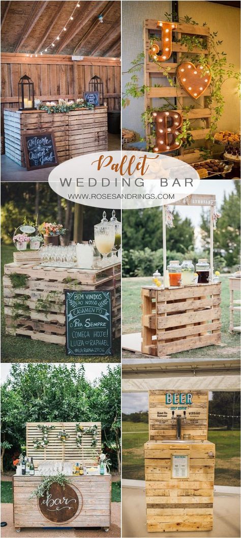 Why use pallet decor for rustic weddings? Rustic weddings are ever so popular with the younger generation. Our children are into hiking, horseback riding, Pallet Bar For Wedding, Diy Bar For Wedding, Wood Pallet Wedding Ideas, Wedding Bar Diy, Pallet Wedding Ideas, Rustic Bar Ideas, Picnic Wedding Ideas, Pallet Bar Ideas, Pallet Wedding Decor