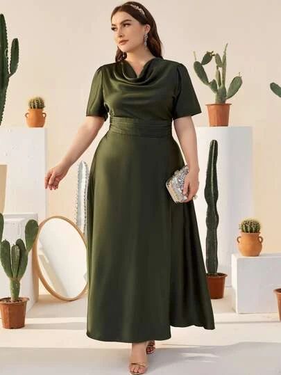 Plus Size Satin Dress, Dress For Chubby Ladies, Satin Dress Outfit, Dress For Chubby, Plus Size Elegant Dresses, Satin Gowns, Big Size Dress, Elegant Dresses Classy, Cowl Neck Dress