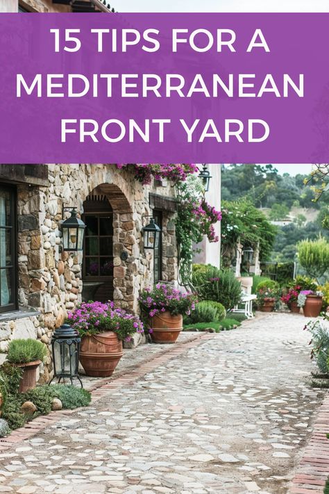 See exactly how to get a Tuscan style front yard with these tips for designing the perfect Mediterranean garden landscape. Tuscany Landscape Tuscan Style, Italian Courtyards Tuscan Style, Tuscan Front Yard Landscaping, Tuscany Style Garden, Mediterranean Shade Garden, Italian Style Front Porch, Mediterranean Curb Appeal, Italian Yard Ideas, Spanish Style Garden Ideas