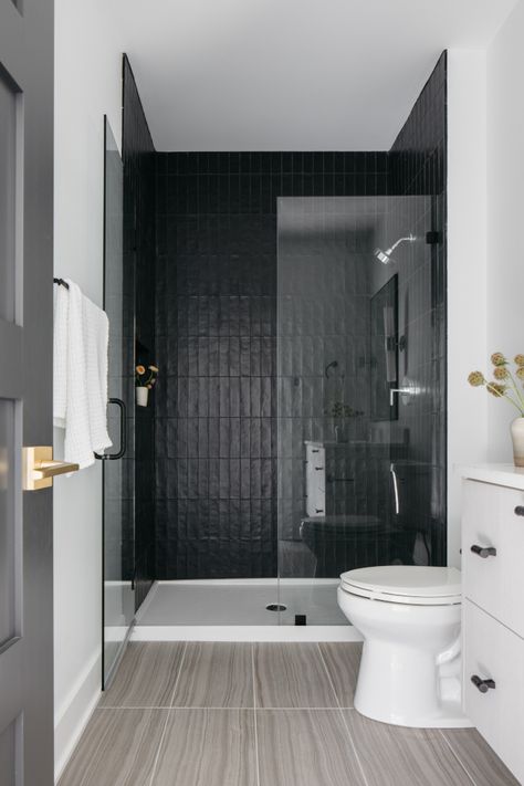 Black Shower White Floor, Shower Glass With Black Trim, Black Vertical Tile Bathroom, Black Shower Tile With Tub, Black Tile In Shower Wall, Black Tile Feature Wall Bathroom, Black Shower Accent Wall, Black Accent Shower Wall, Black Tile Shower Tub Combo