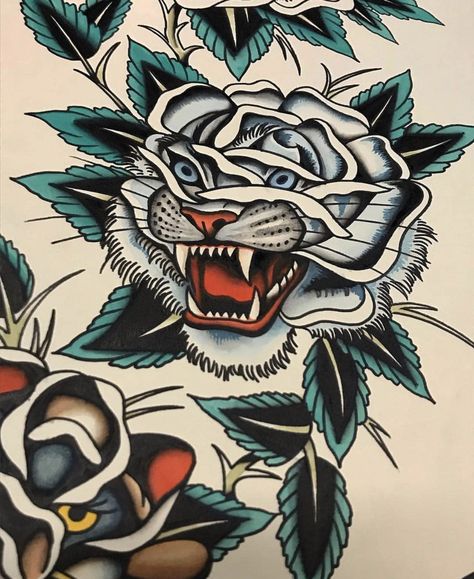 Tiger flower Traditional Tattoo Animals, Bushido Tattoo, Traditional Tiger Tattoo, Tiger Flower, Tato Tradisional, Traditional Tattoo Old School, Traditional Tattoo Inspiration, Traditional Style Tattoo, Traditional Tattoo Sleeve